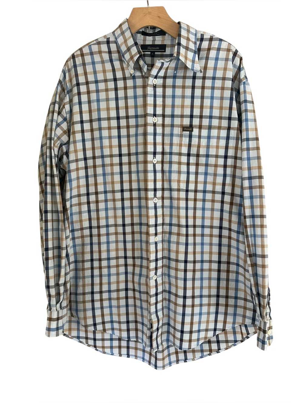 Faconnable Shirt Men's Large Blue Plaid Button-Down Long Sleeve Casual READ